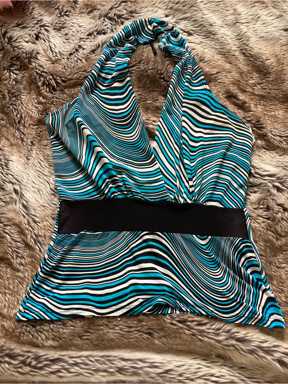 Turquoise, Black & White Swirly Patterned Halter Top